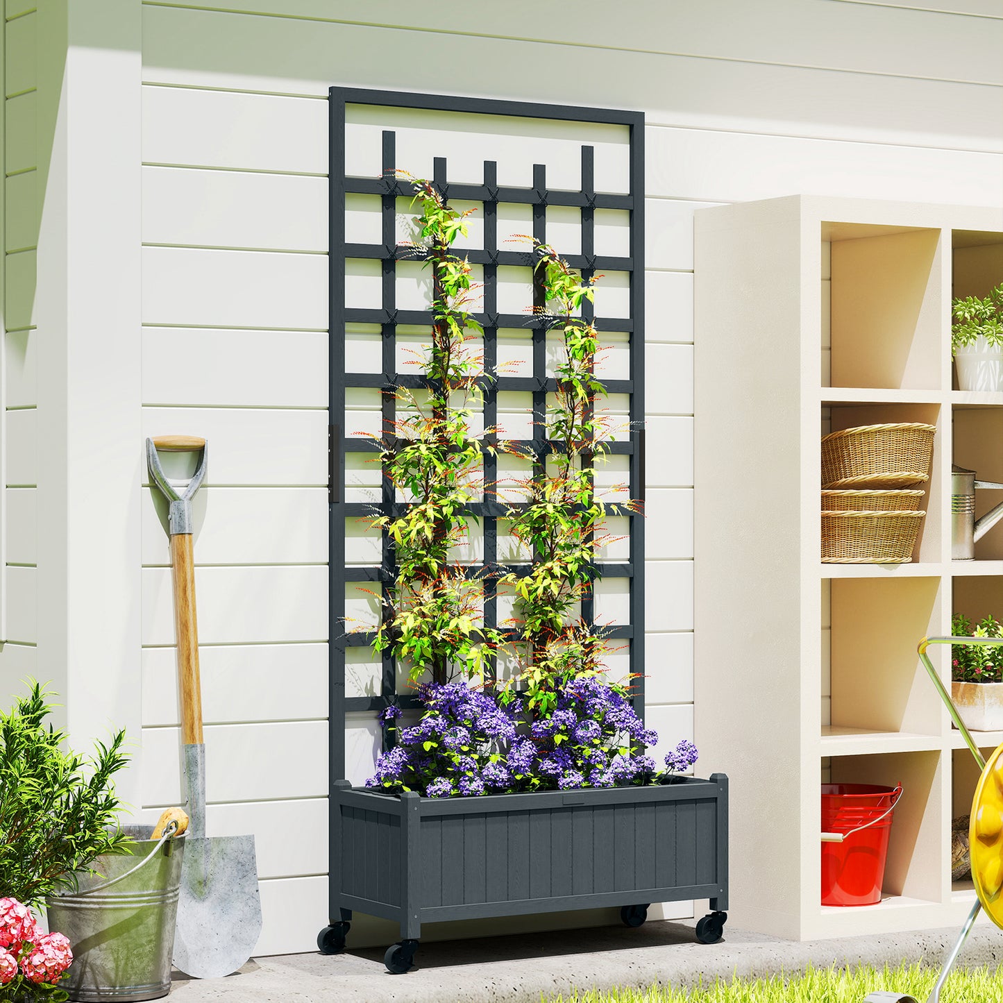 Wooden Trellis Planter, Raised Garden Bed with Wheels, to Climb and Grow Vegetables, Herbs and Flowers, Grey