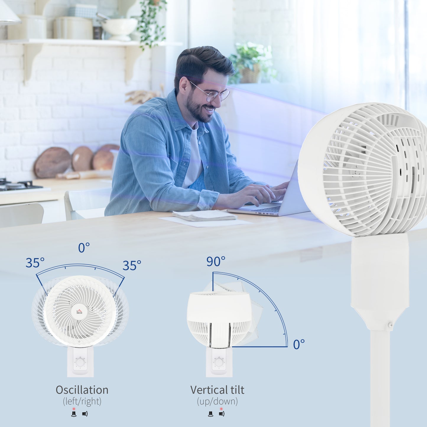 32" Pedestal Fan, 70° Oscillating 90° Vertical Tilt Air Circulator with 3 Speeds, Standing Fan for Home Office, Bedroom