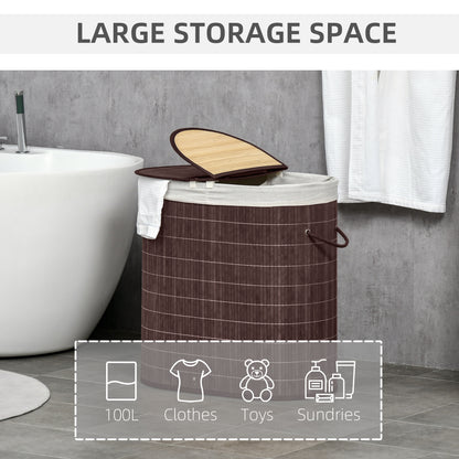 100L Bamboo Laundry Basket with Lid, Washing Basket with 2 Compartments, Handles, Removable Liner, Brown