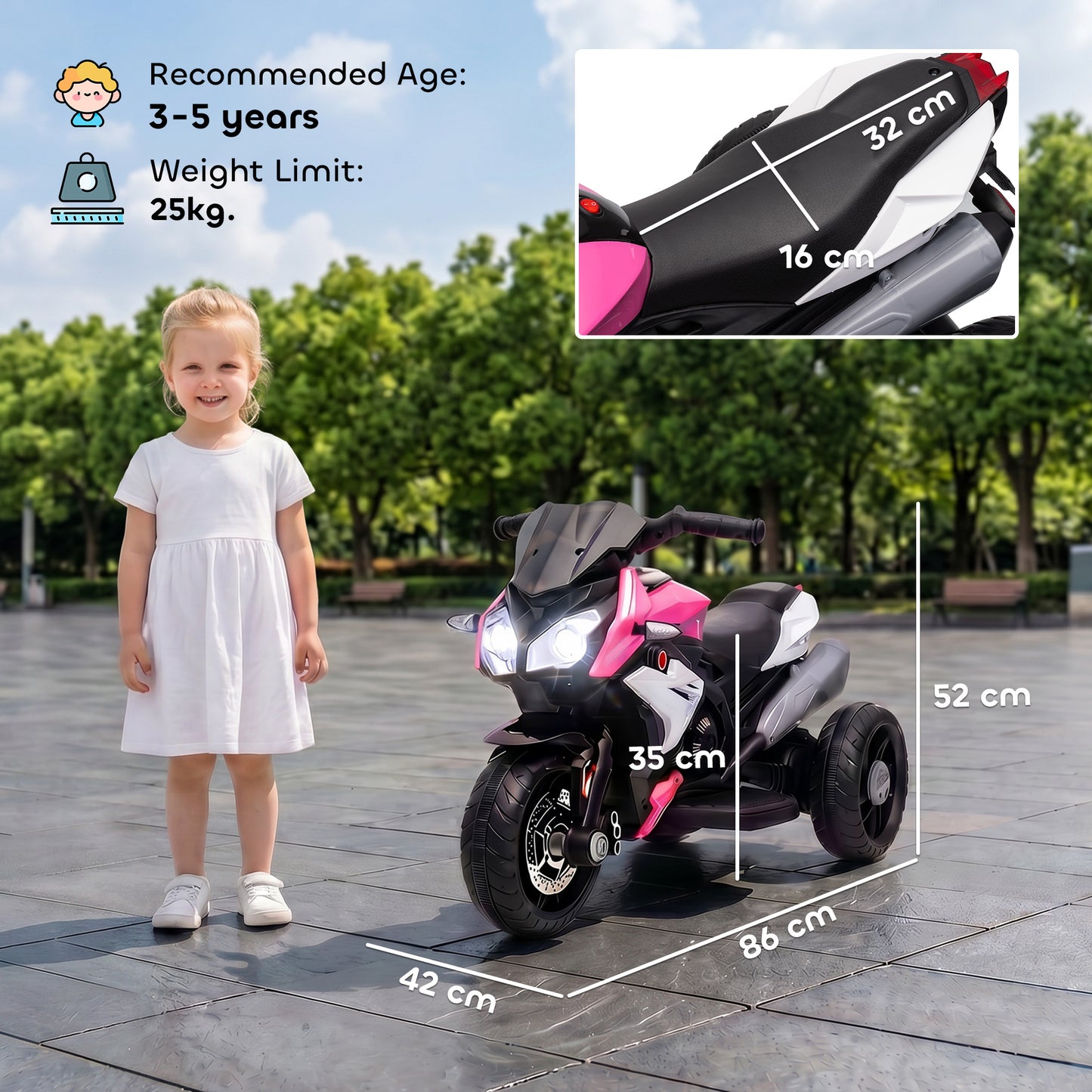 Kids Electric Motorcycle, 6V Ride on Motorcycle with 3 Wheels, LED Headlight, Music, Horn for Boys Girls 3-5 Y, Pink