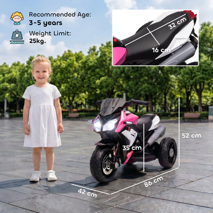 Kids Electric Motorcycle, 6V Ride on Motorcycle with 3 Wheels, LED Headlight, Music, Horn for Boys Girls 3-5 Y, Pink
