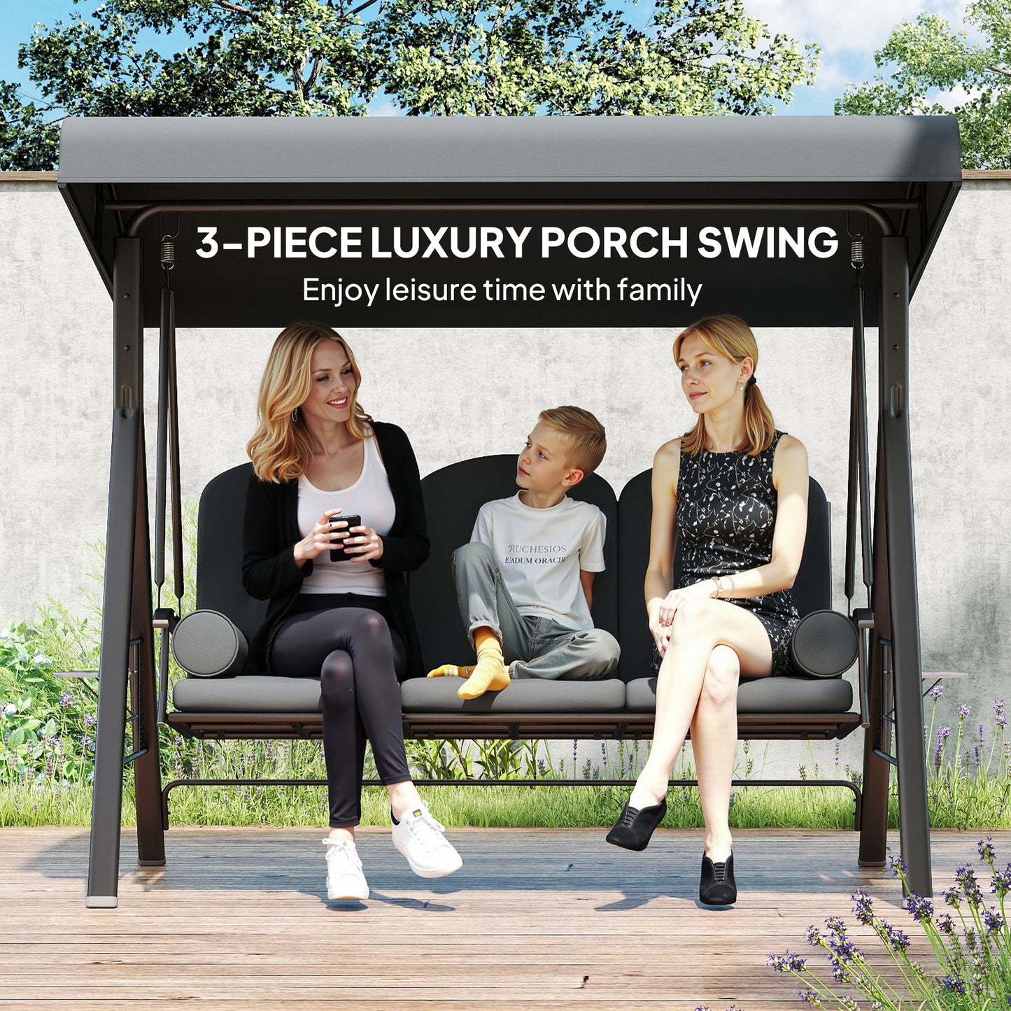 3 Seater Garden Swing Chair Outdoor Hammock Bench w/ Adjustable Canopy, Cushions and Cup Trays, Brown Steel Frame