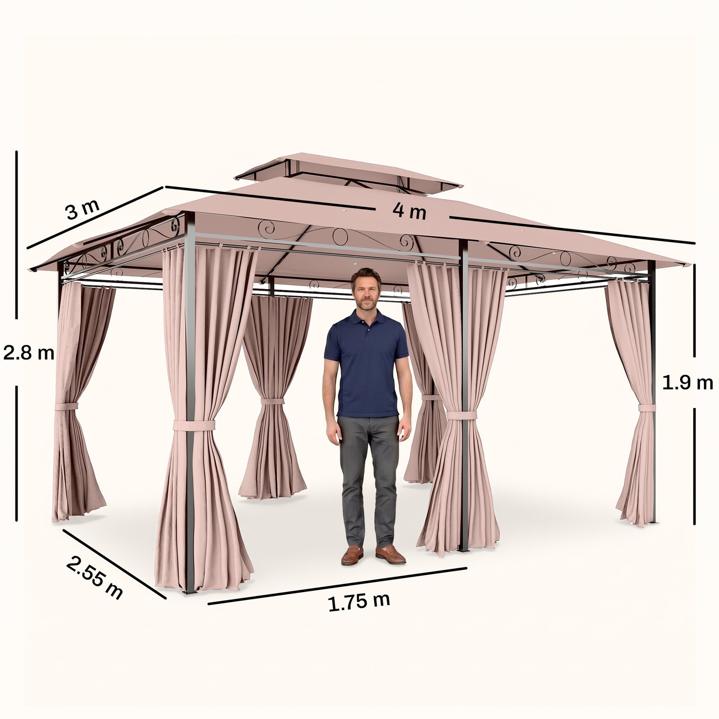 4m x 3(m)Garden Gazebo, Double Roof Outdoor Gazebo Canopy Shelter with Curtains, Solid Steel Frame for Patio, Garden, Brown