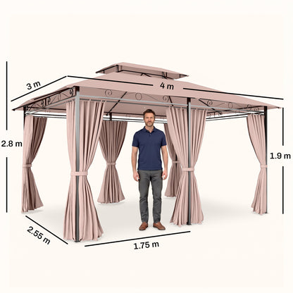 4m x 3(m)Garden Gazebo, Double Roof Outdoor Gazebo Canopy Shelter with Curtains, Solid Steel Frame for Patio, Garden, Brown
