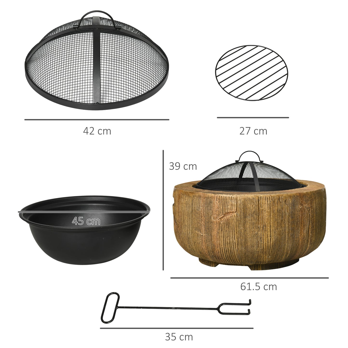 Outdoor Fire Pit, 61.5 cm Metal Wood Burning Fireplace with Spark Cover, Poker, Woodgrain Design