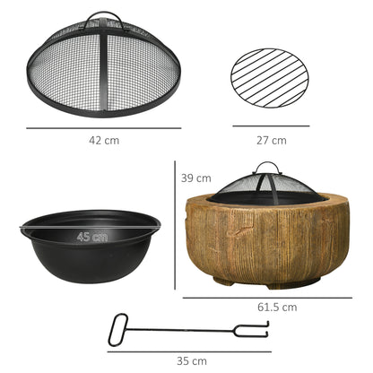 Outdoor Fire Pit, 61.5 cm Metal Wood Burning Fireplace with Spark Cover, Poker, Woodgrain Design