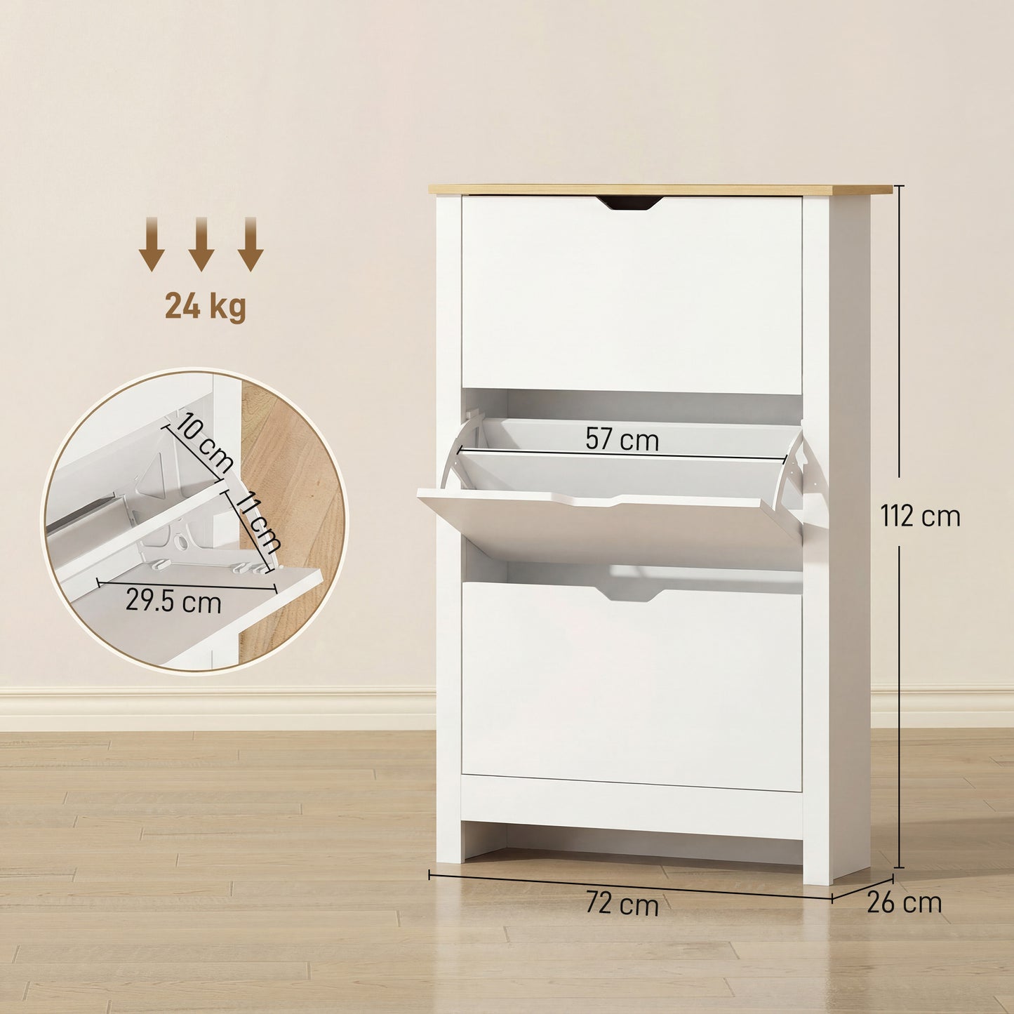 Slim Shoe Cabinet, Narrow Shoe Cupboard with 3 Flip Drawers, Adjustable Shelves for 18 Pairs of Shoes for Hallway, White