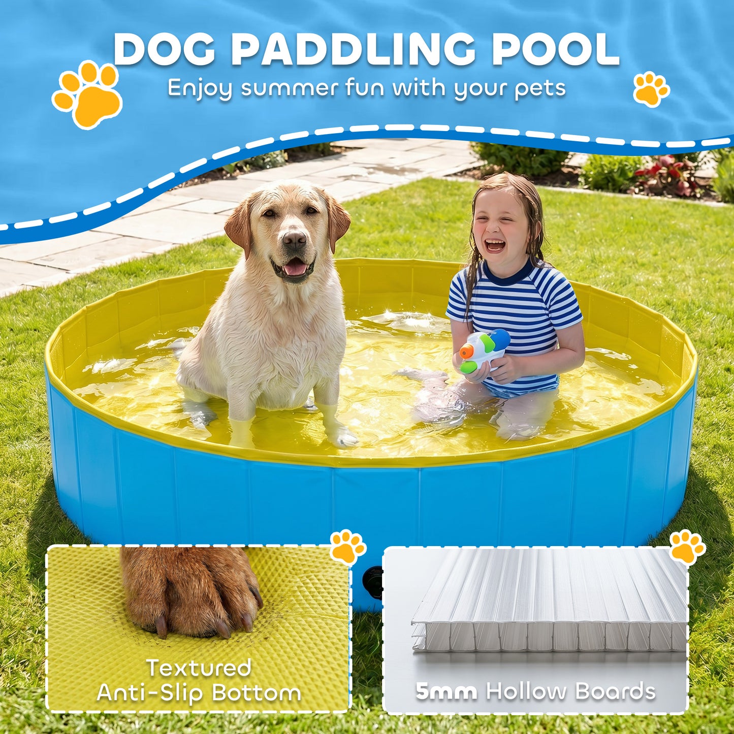 Foldable Dog Pool for Puppies and Ducks Dog Paddling Pool Bath Tub, Blue, 160 x 30cm