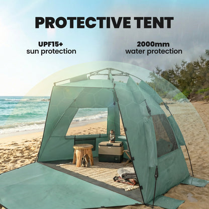2-3 Person Pop Up Beach Tent, UPF15+ Sun Shelter with Extended Floor, Sandbags, Mesh Windows and Carry Bag, Green