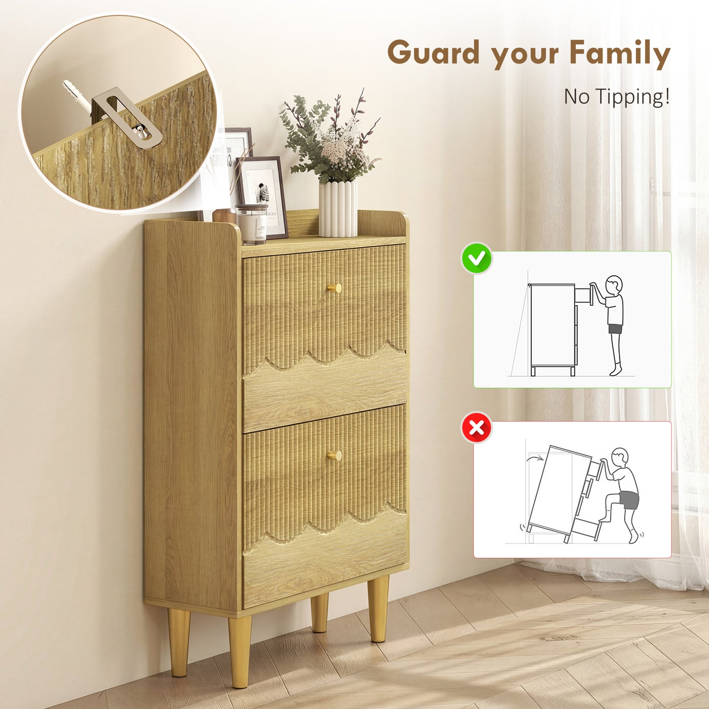 Narrow Shoe Cabinet, Modern Shoe Storage Cabinet with 2 Flip Drawers, Oak