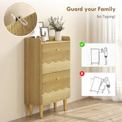 Narrow Shoe Cabinet, Modern Shoe Storage Cabinet with 2 Flip Drawers, Oak