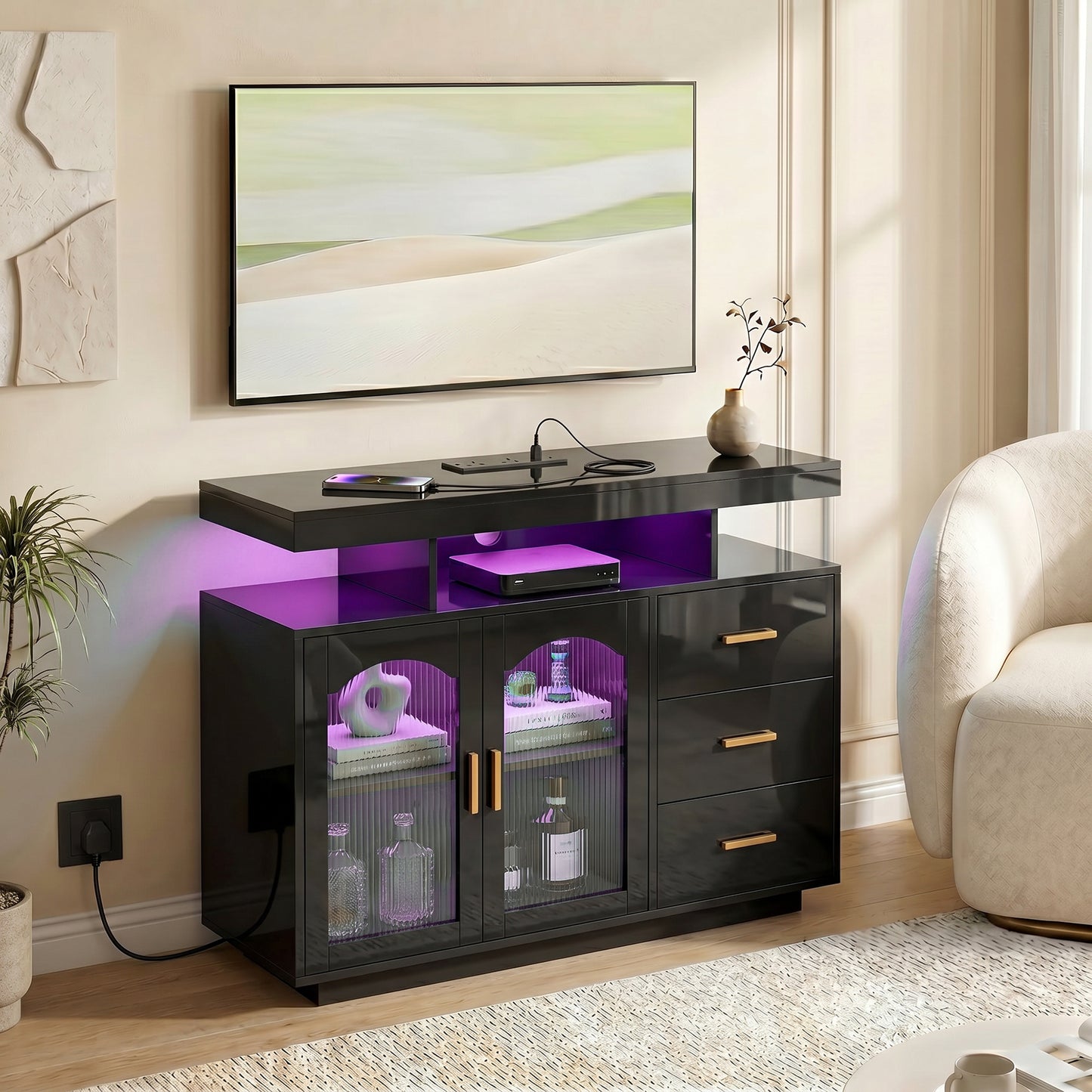 High Gloss Sideboard with LED Lights, Built-in Power Outlets, 3 Drawers, Shelves and 2 Acrylic Doors, Black