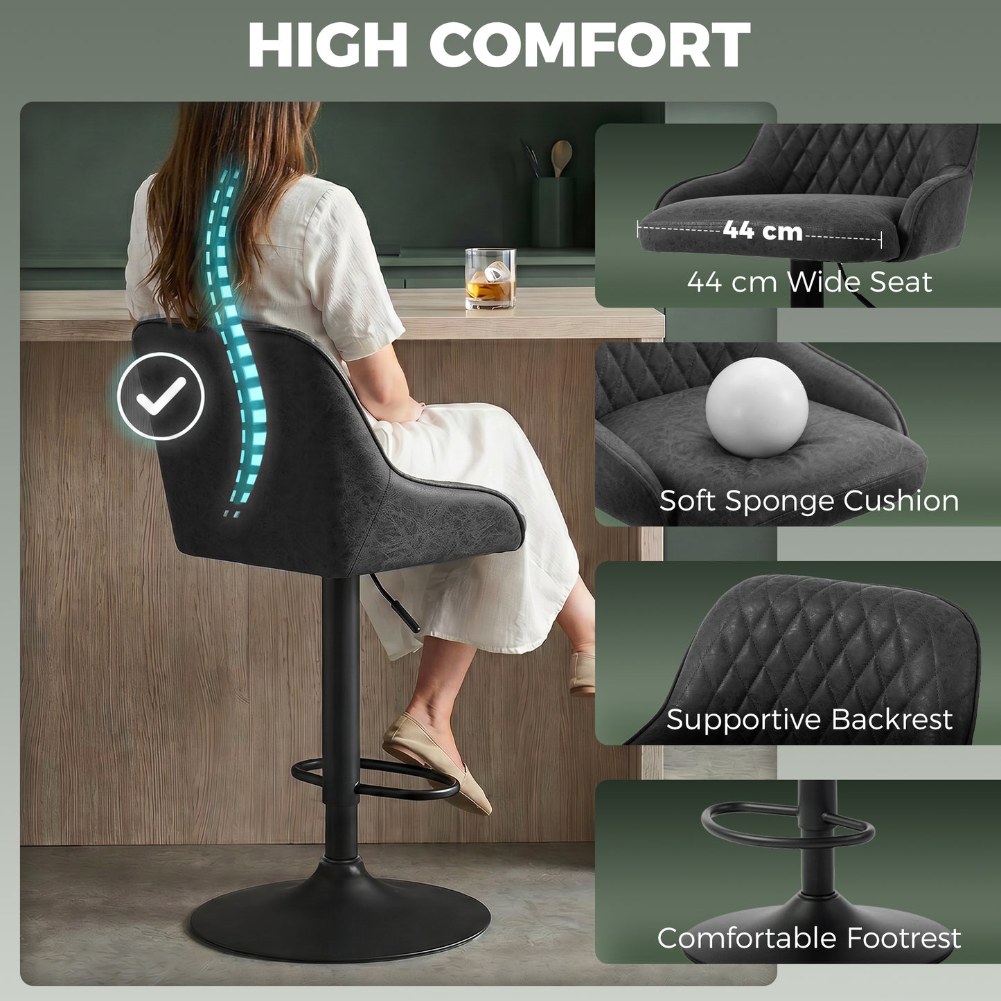 Bar Stools Adjustable Swivel Kitchen Chairs with Backrest Set of 2 for Kitchen Island Black