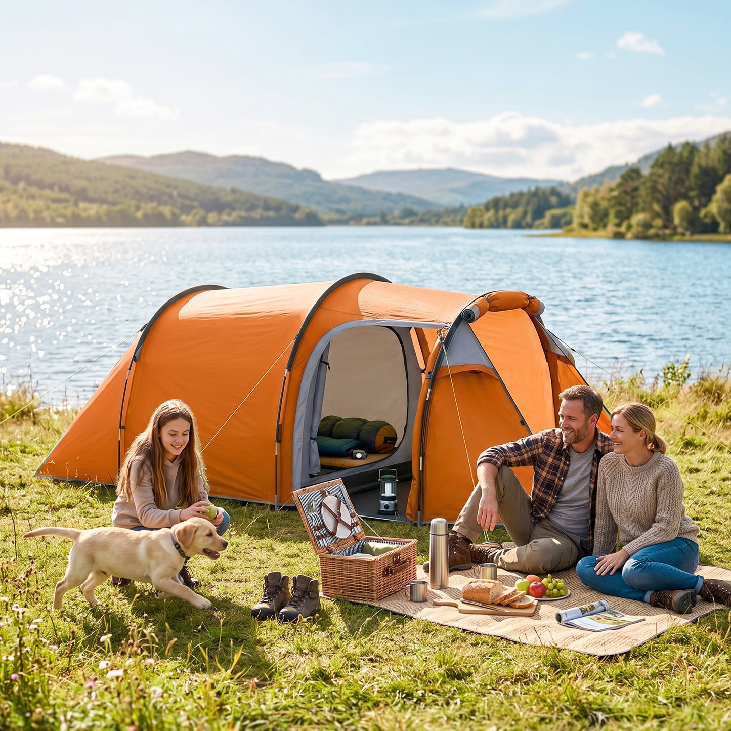 2 Man Tunnel Tent with Sewn-in Groundsheet, Air Vents, Rainfly, 2000mm Large Camping Tent with Bedroom, Porch