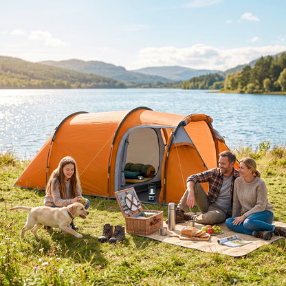 2 Man Tunnel Tent with Sewn-in Groundsheet, Air Vents, Rainfly, 2000mm Large Camping Tent with Bedroom, Porch