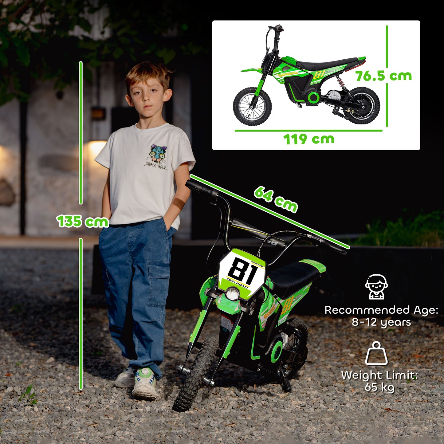 Kids Electric Motorbike, 24V Ride On Motorcycle with 3 Speeds and Rear Suspension, Dirt Bike for 8-12 Years Old, Green
