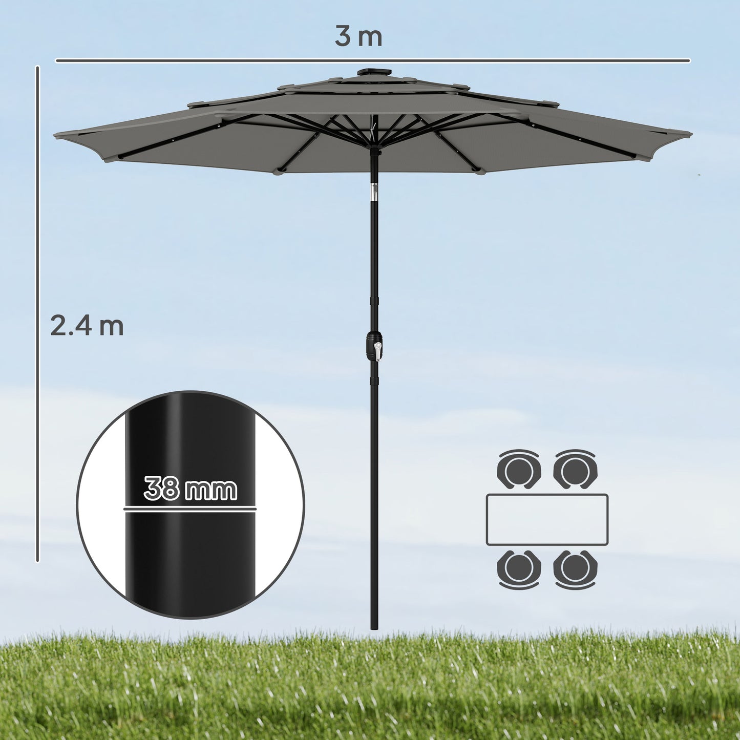 Garden Parasol, Parasol Umbrella with 3-tier Roof, Crank Handle, Tilt Function, Polyester Canopy, Grey