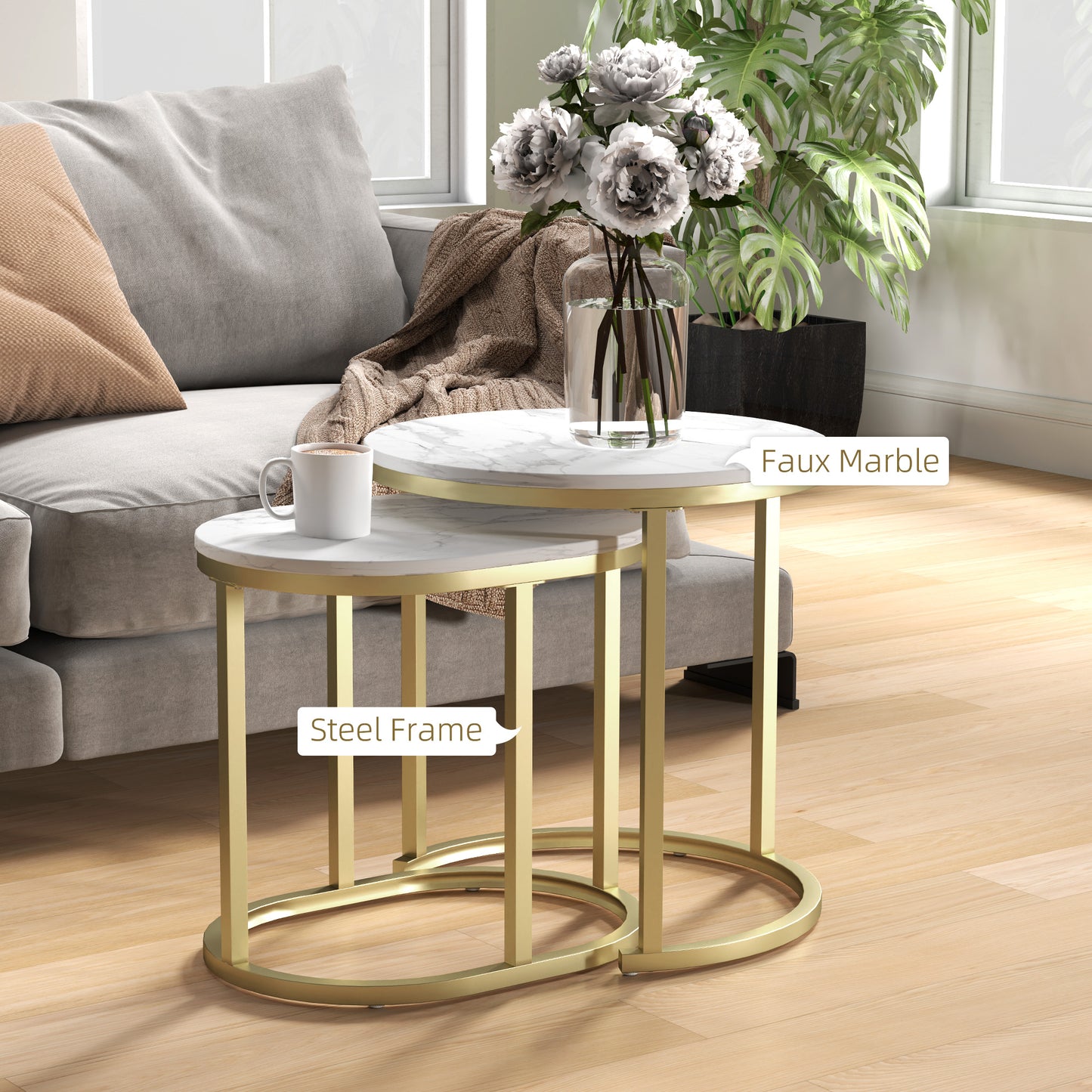 Nest of Tables with Steel Frame and Faux Marble Tabletop, Modern Coffee Table Set of 2, Gold Tone/White