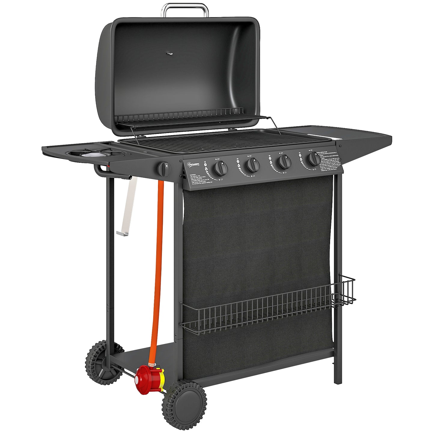 4+1 Burner Gas BBQ Grill, Portable Gas Barbecue Grill with Built-in Thermometer, Lid, Side Table, Shelf, Spice Rack, Wheels