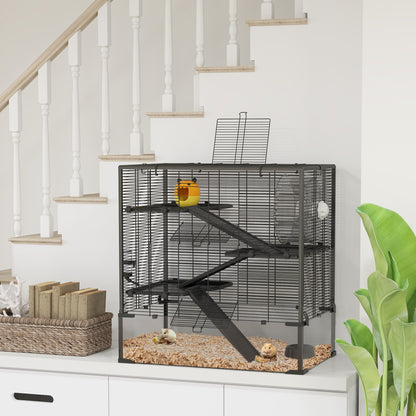 Four-Tier Hamster Cage with Deep Tempered Glass Bottom, Hut, Running Wheel, Food Dish, Water Bottle, 78.5 x 48.5 x 80cm