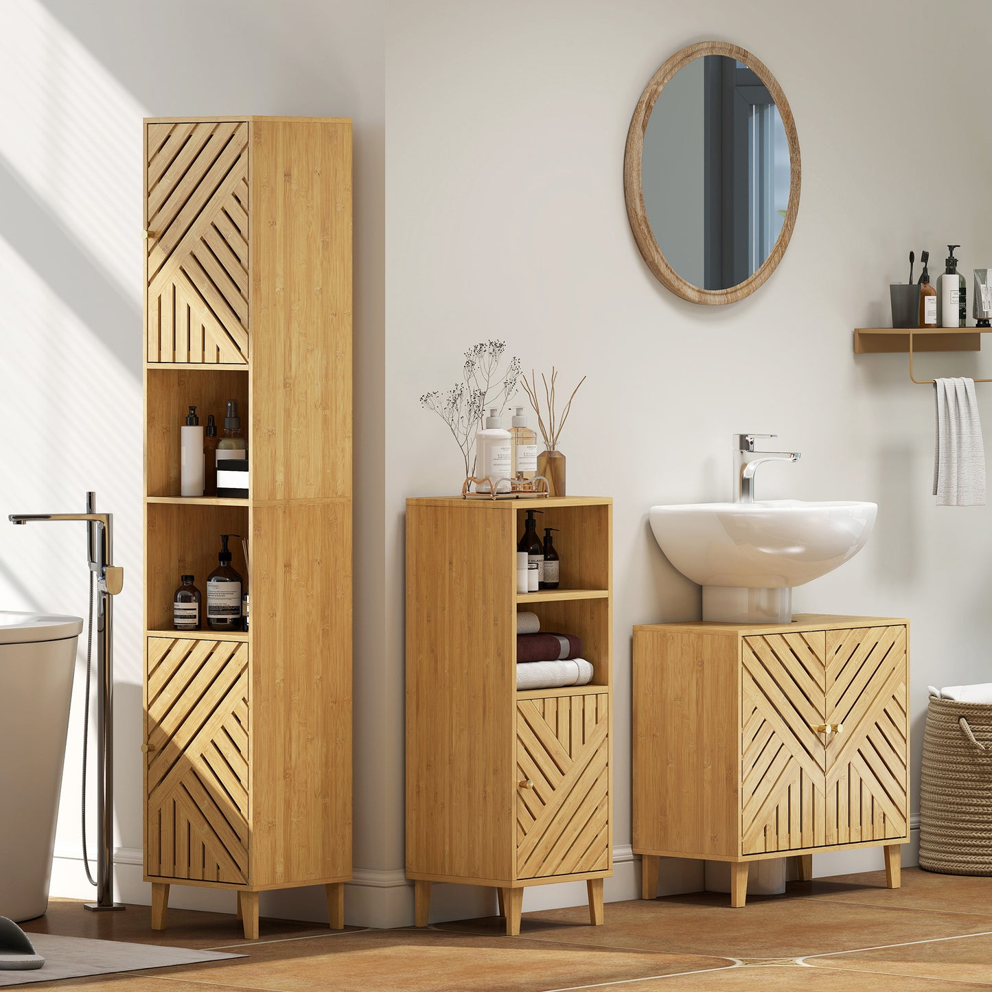 Multi-Storage Bamboo Door Bathroom Cabinet - Natural Finish