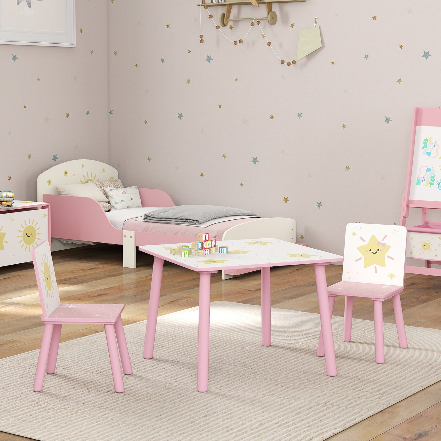 3-Piece Toddler Table and Chair Set, Kids Table with 2 Chairs Set for Bedroom, Nursery, Playroom, Pink