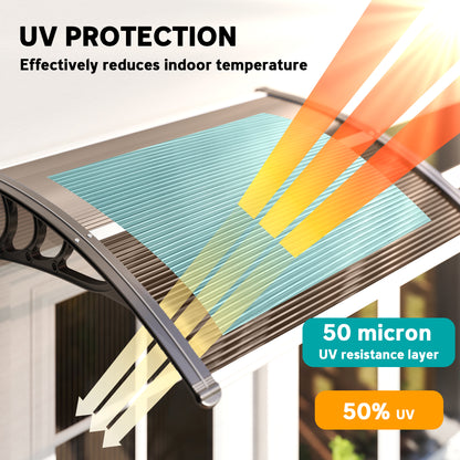 Front Door Canopy Outdoor Awning Aluminium Rigid Plastic Polycarbonate Rain Shelter UV Water Rain Resistant 120 x 75cm Brown