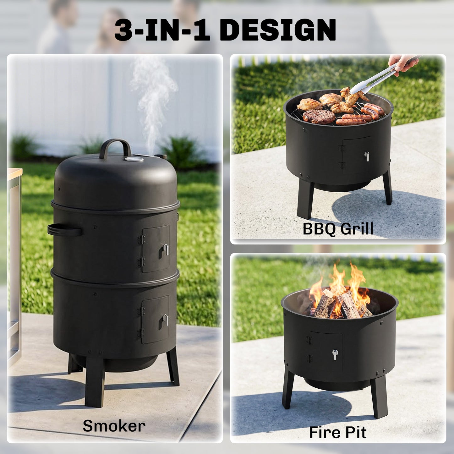 3-in-1 Vertical Charcoal Smoker with 2 Grill Grates, Built-in Thermometer, Adjustable Vent, 2 Doors