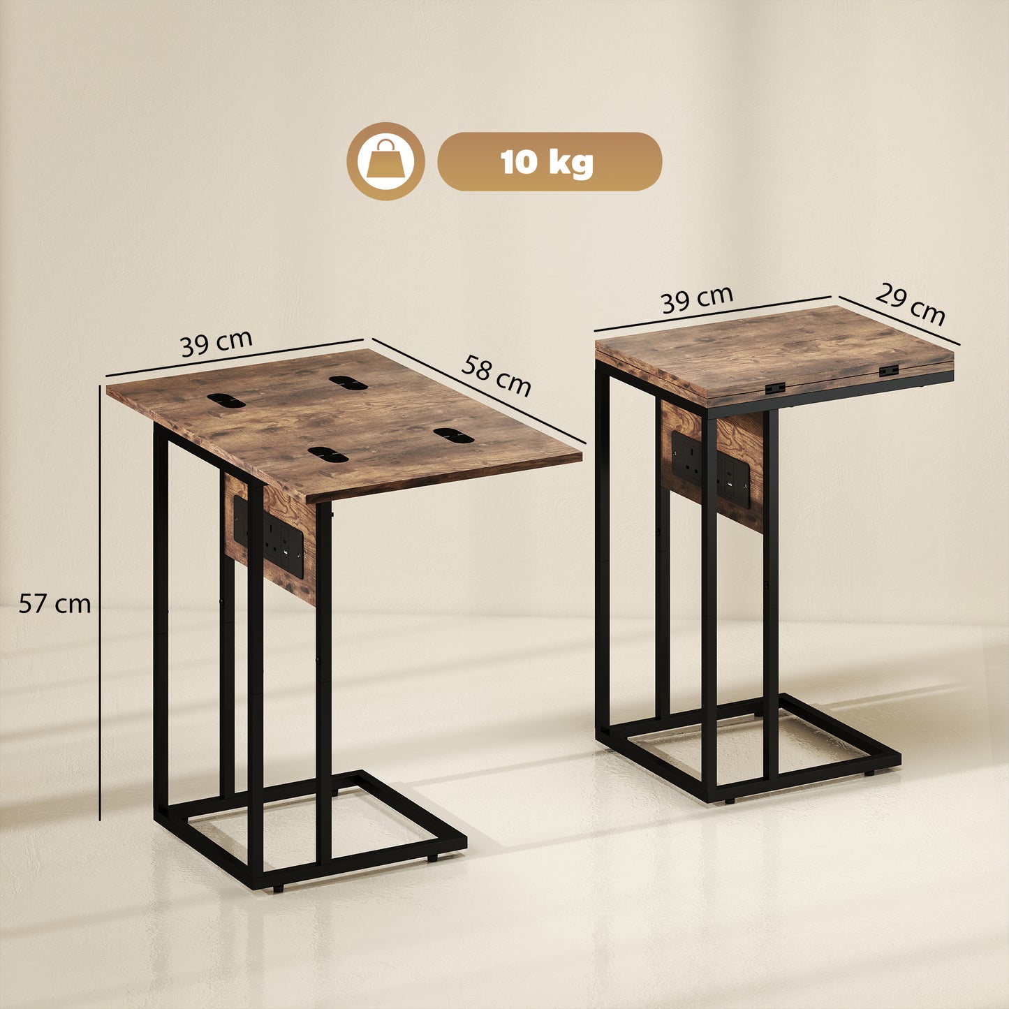 C Shaped Side Table with Charging Station and Foldable Top - Rustic Brown