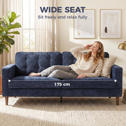 3 Seater Sofa Button Tufted Upholstered Couch with Wood Legs for Living Room, Dark Blue