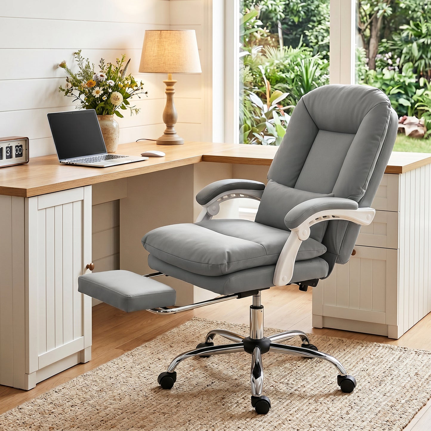 Ergonomic Executive Office Chair, Reclining Desk Chair with Lumbar Support, Footrest, Plush Thick Cushion, Grey