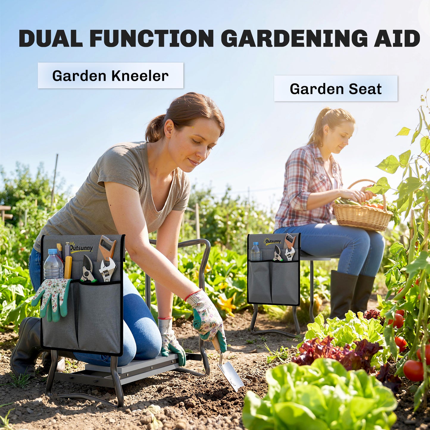 Steel Frame Padded Garden Kneeler, with Tool Bag - Grey