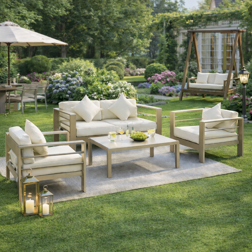 4 Pieces Outdoor Garden Furniture Set, Aluminium Frame Backyard Furniture w/ Thick Padded Cushioned Loveseat, 2 Chairs