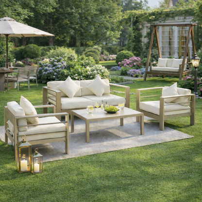 4 Pieces Outdoor Garden Furniture Set, Aluminium Frame Backyard Furniture w/ Thick Padded Cushioned Loveseat, 2 Chairs