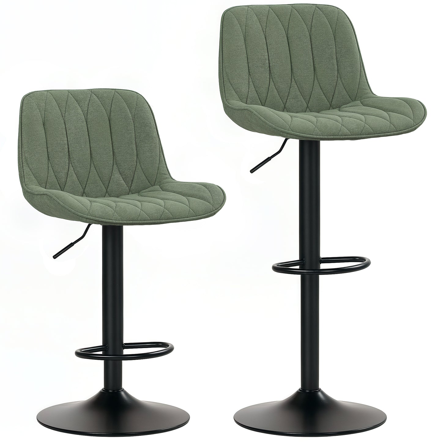 Breakfast Bar Stools Set of 2 Linen upholstery 60-80cm Adjustable Height - Green