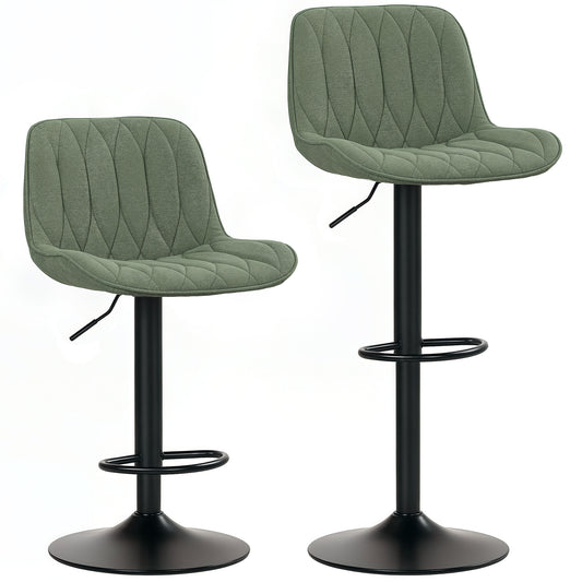 Breakfast Bar Stools Set of 2 Linen upholstery 60-80cm Adjustable Height - Green