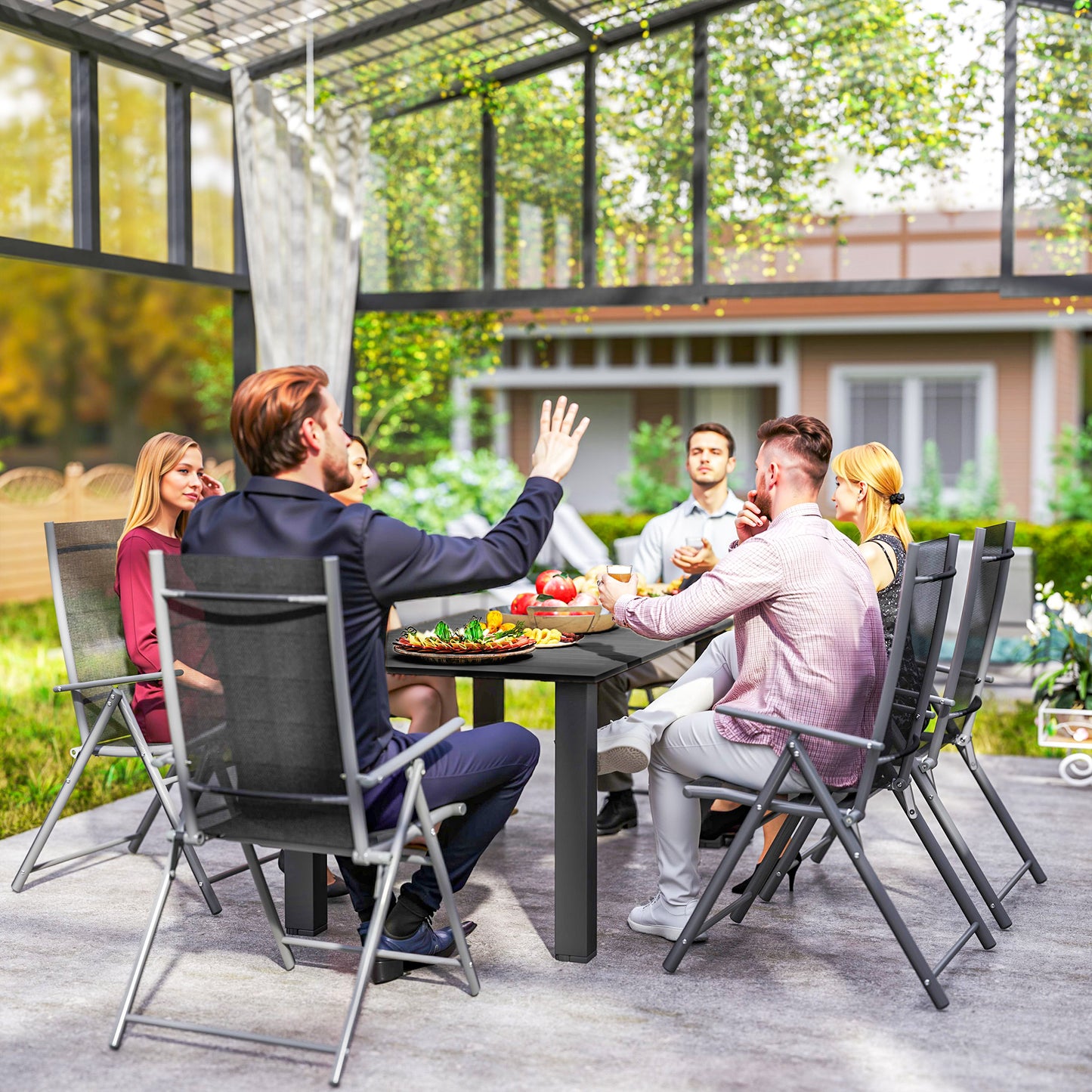 Garden Dining Table for 6 with Parasol Hole, Rectangle Outdoor Garden Table with Slatted Metal Top, Steel Frame, Black