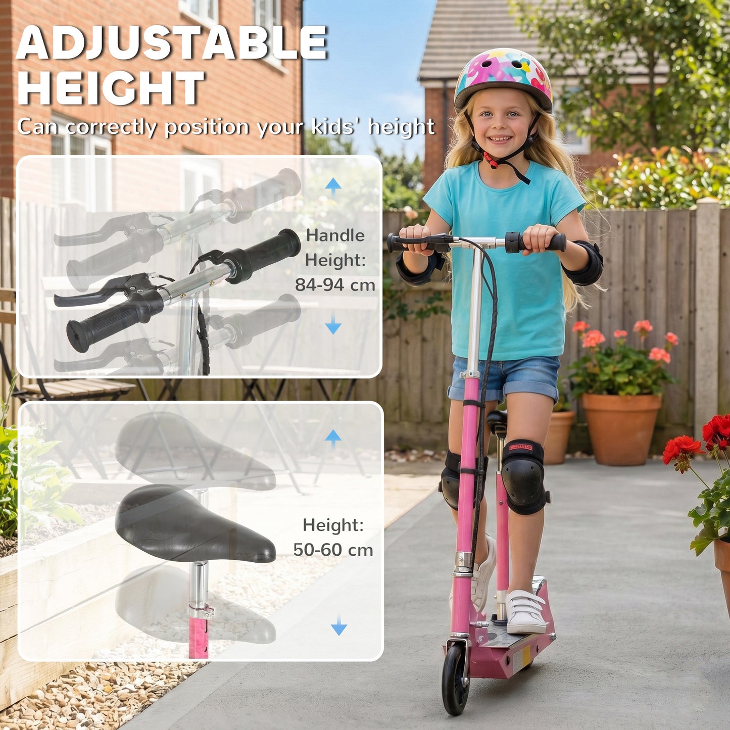 Foldable Powered Scooter with Adjustable Handle, Brake, Pink