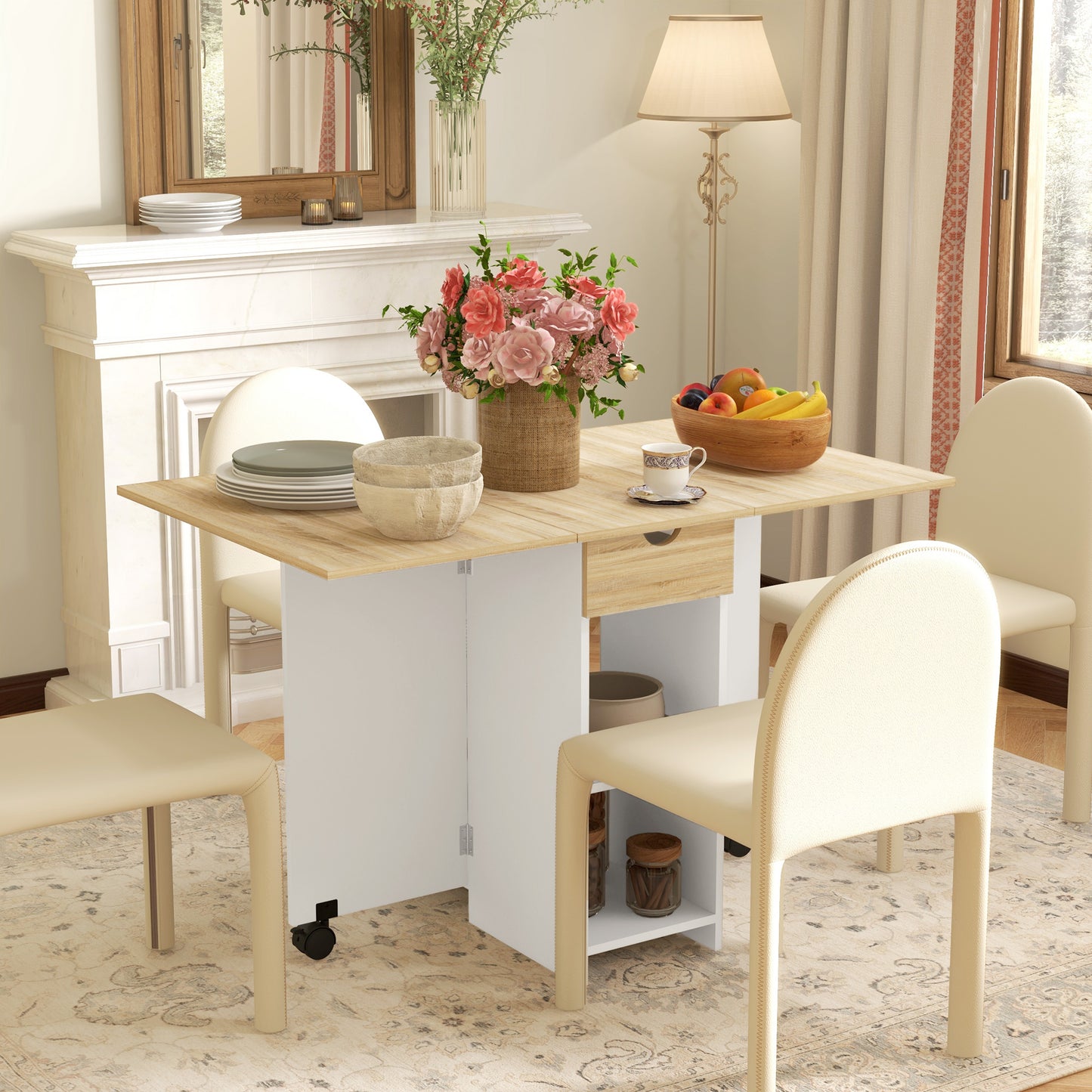 Folding Dining Table, Drop Leaf Table for Small Spaces, Foldable Table with Drawer and Storage Shelves for Kitchen