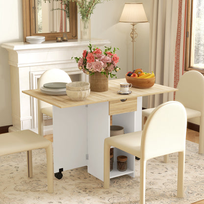 Folding Dining Table, Drop Leaf Table for Small Spaces, Foldable Table with Drawer and Storage Shelves for Kitchen