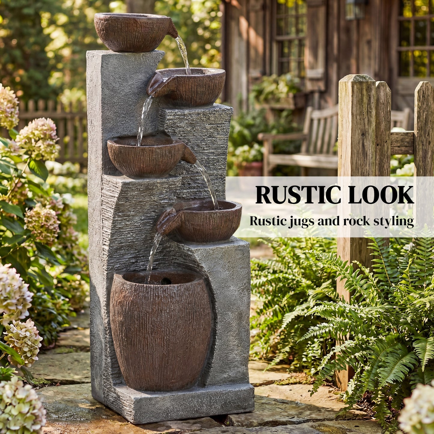 Outdoor Fountain with 5-Tier, Garden Fountain with LED Lights, Adjustable Flow, Grey and Rustic Brown