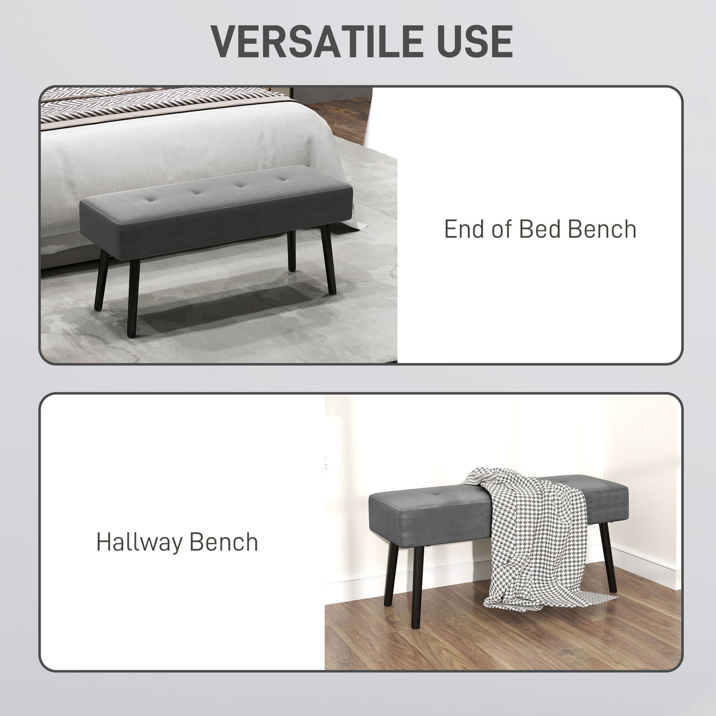 End of Bed Bench, Corduroy Bedroom Bench with Thick Padding and Steel Legs, Tufted Window Seat for Entryway, Living Room