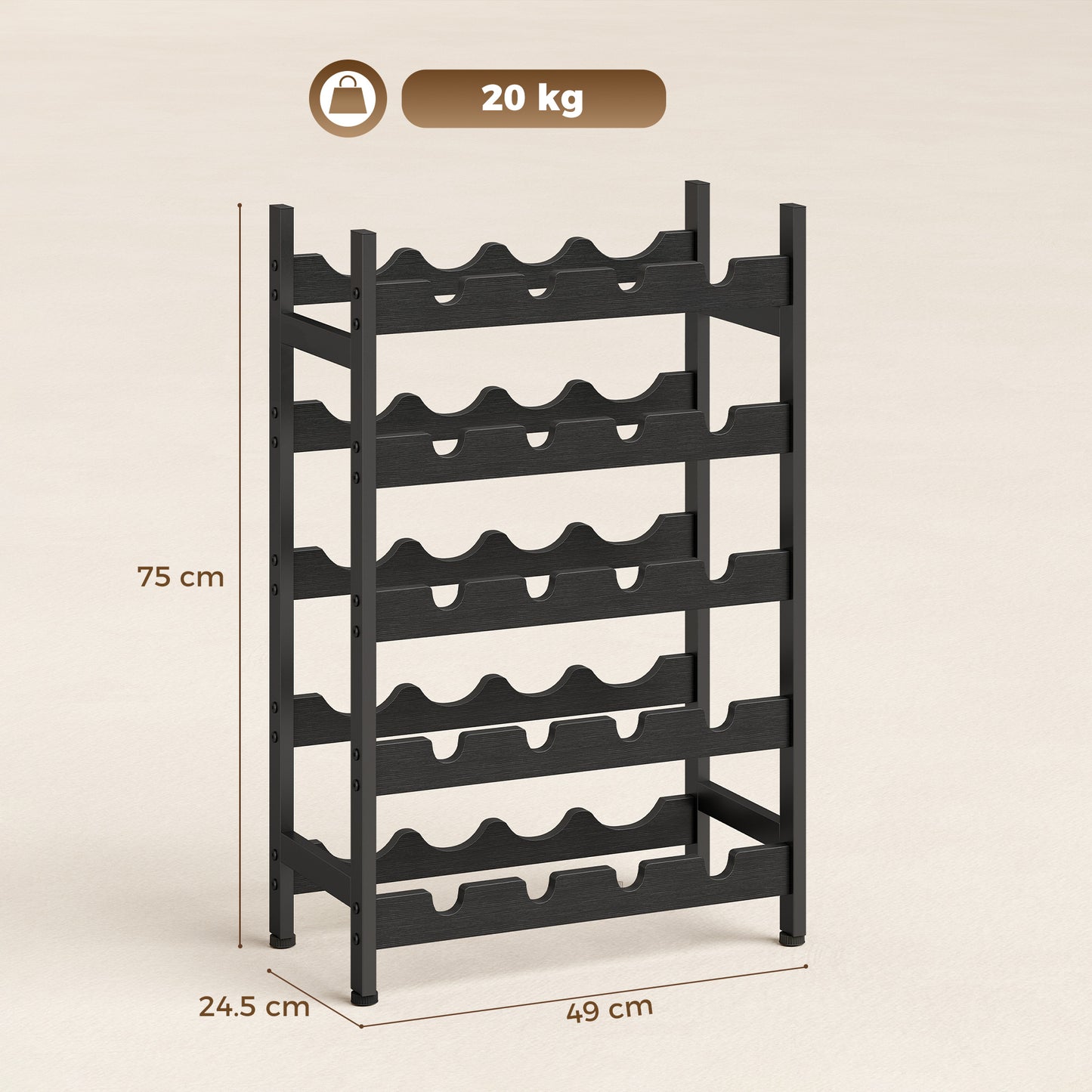 Wine Rack Freestanding Industrial Liquor Cabinet 5-Tier 20 Bottles Bar Stand with Adjustable Feet, Black