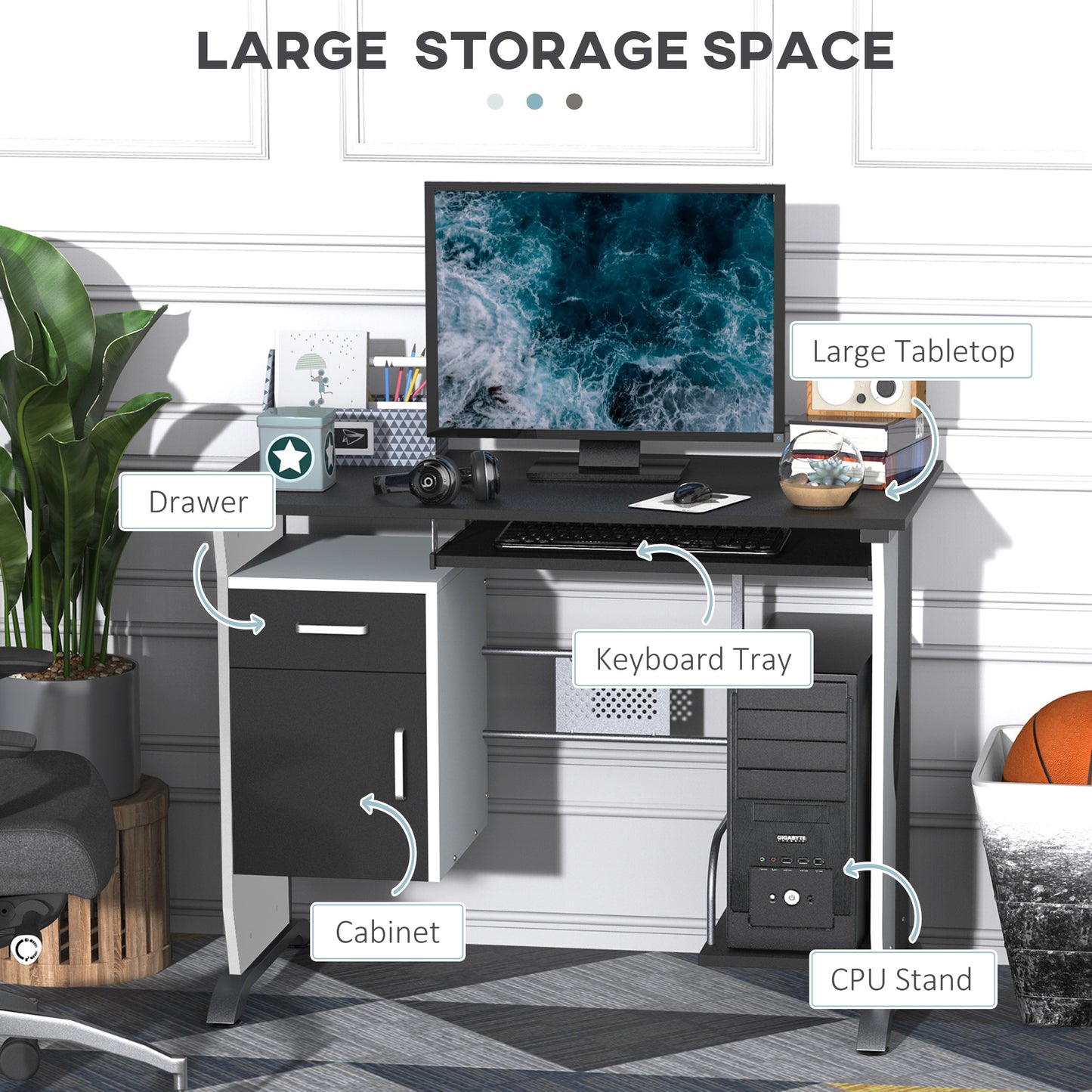 Computer Desk with Sliding Keyboard Tray, Storage Drawers and Host Box Shelf, Home Office Desk, Study Workstation