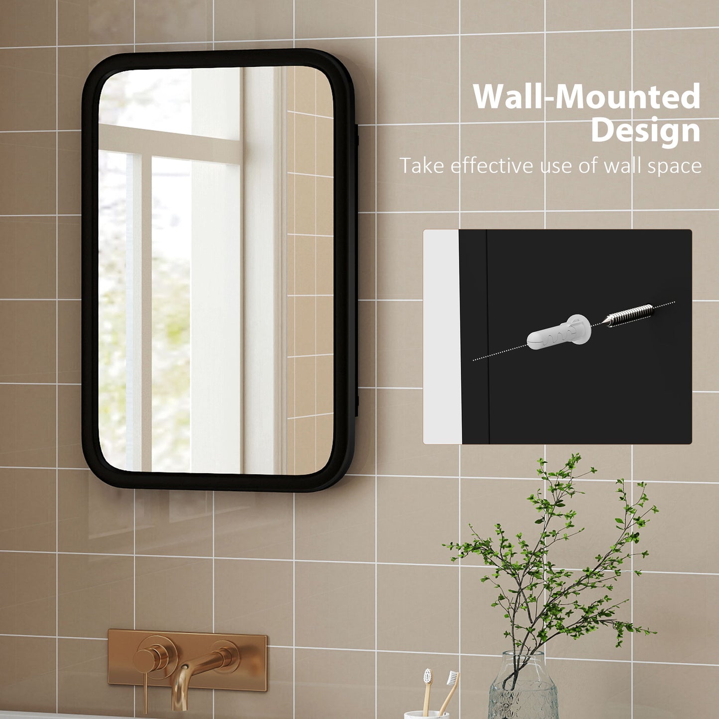 Bathroom Wall Cabinet with Tempered Mirror Metal Bathroom Mirror Cabinet with 3 Shelves Black