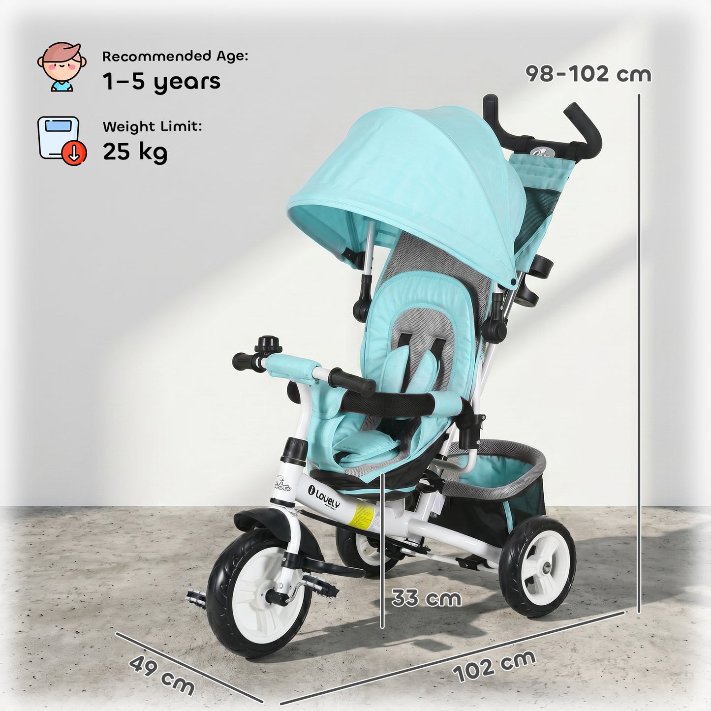 6 in 1 Kids Trike with Parent Handle, Canopy, 5-point Seat Belt, Storage, Footrest, Brake, for 1-5 Years, Green