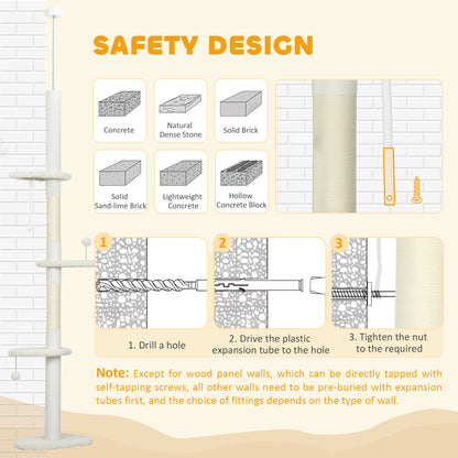 225-255 cm Adjustable Cat Climbing Tower with Sisal Scratching Posts, 2 Hanging Play Balls and Anti-Tip Strap, Beige