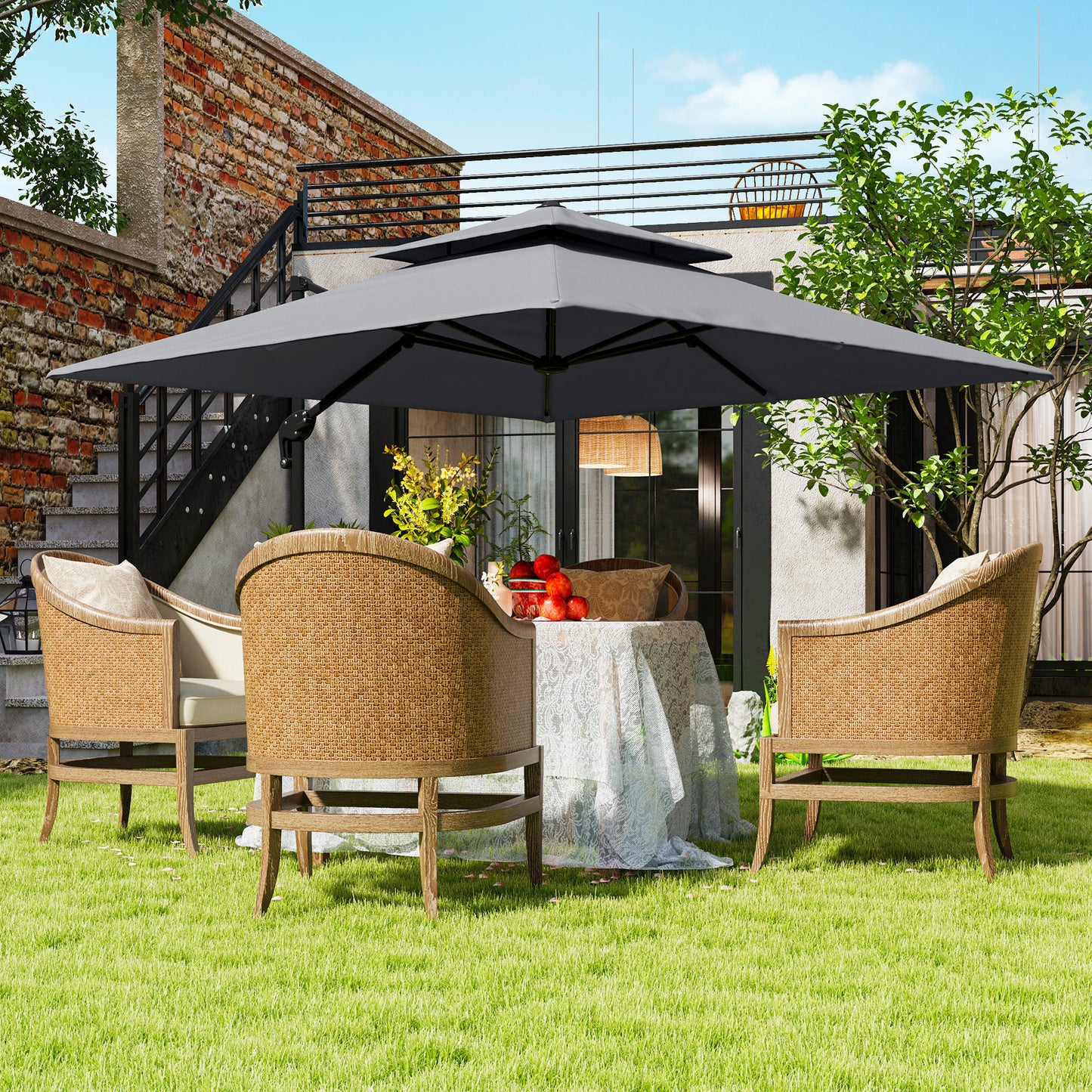 3 x 3(m) Cantilever Parasol with Aluminium Frame, Crank and Tilt, 360-Degree Rotation, Double Top Garden Umbrella