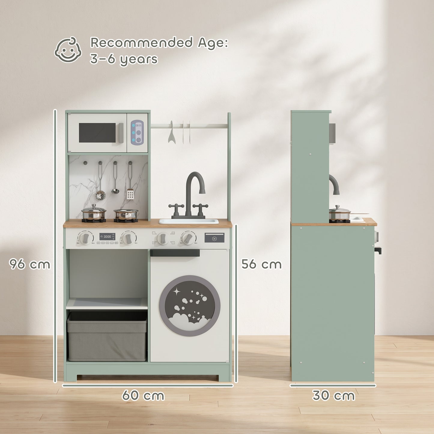 Kids Play Kitchen, Pretend Play Toy Kitchen Playset with Stove, Sink, Microwave, 5Pcs Accessories for 3-6 Years, Green