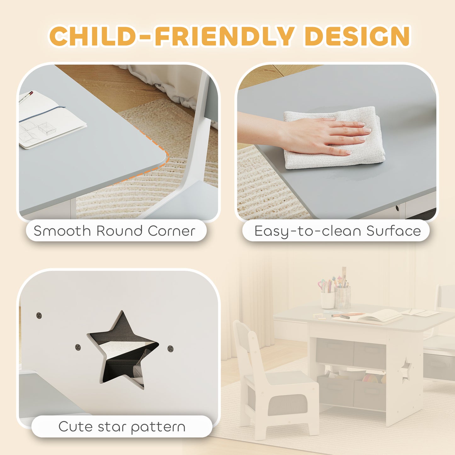 Kids Table and Chair Set, Toddler Table and 2 Chairs Set with 6 Removable Drawers, for Boys Girls Ages 3-8, Light Grey
